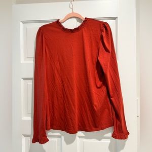 Boden long-sleeved ruffle trim dark orange top